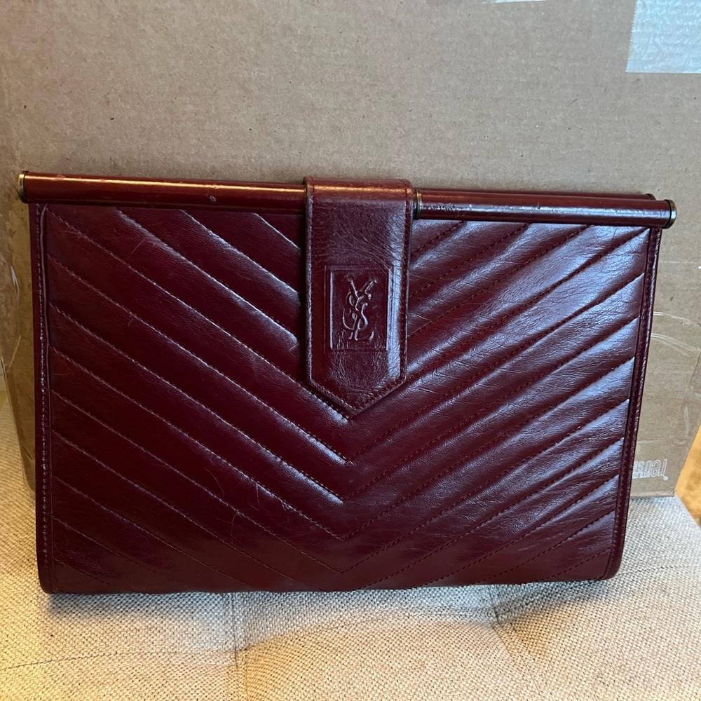 Yves Saint Laurent Burgundy Chevron Quilted Leather Clutch